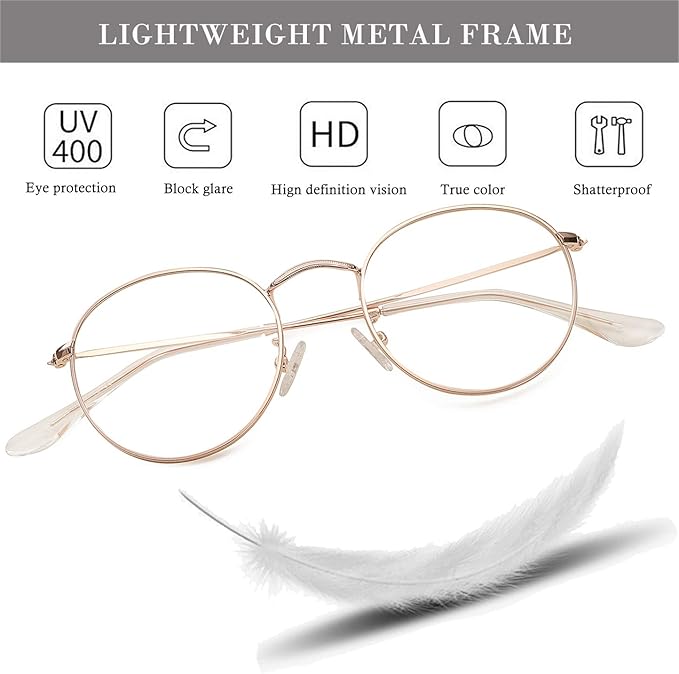 HJSTES Round Blue Light Glasses for Women Men Retro Circle Clear Lens Metal Frame Eyeglasses