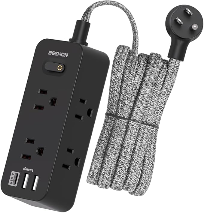 15Ft Black Extension Cord, BESHON Power Strip Surge Protector, 6 Outlets with 3 USB Ports(1 USB C Outlet), 3-Side Outlet Extender, Wall Mount, Compact for Home, College Dorm Room