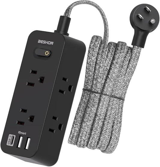 15Ft Black Extension Cord, BESHON Power Strip Surge Protector, 6 Outlets with 3 USB Ports(1 USB C Outlet), 3-Side Outlet Extender, Wall Mount, Compact for Home, College Dorm Room