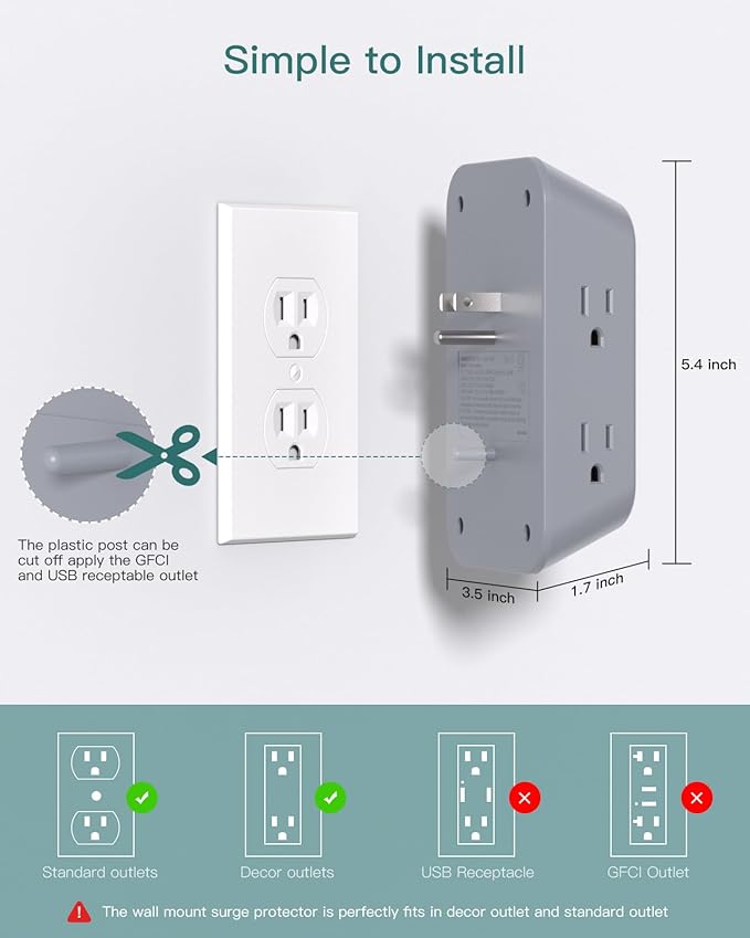 Addtam Surge Protector Outlet Extender, Multi Plug Wall Outlet with 4 USB Ports(1 USB-C), 3-Sided 1800J Power Strip Plug Extension Outlet Splitter, Gray