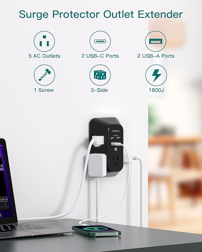 Outlet Extender Surge Protector, Addtam 5-Outlet Splitter with 4 USB Wall Charger(PD 20W), Multi Plug Wall Outlet Power Strip for Home, Dorm Room Essentials Black