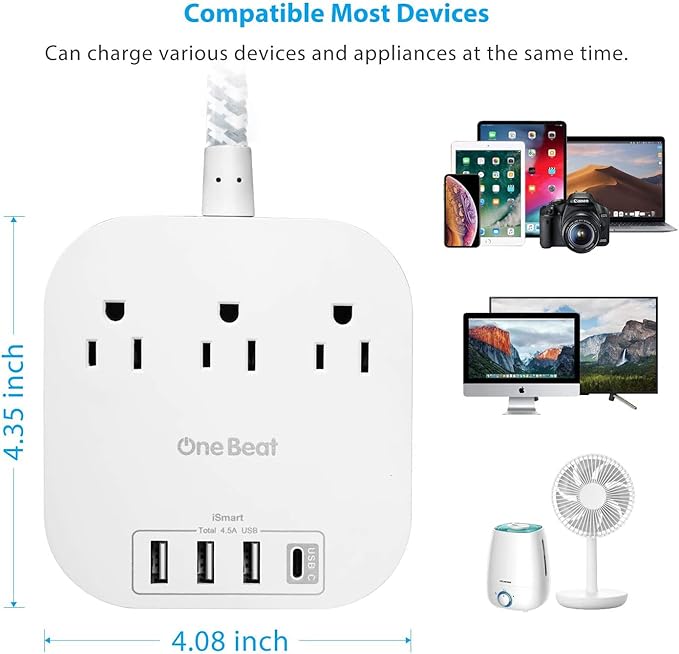 Power Strip - 10ft Long Extension Cord with USB C Ports, 3 Outlets 4 USB Desktop Charging Station, Flat Plug Power Strip Non Surge Protector for Cruise Ship, Travel Essetials, ETL Listed