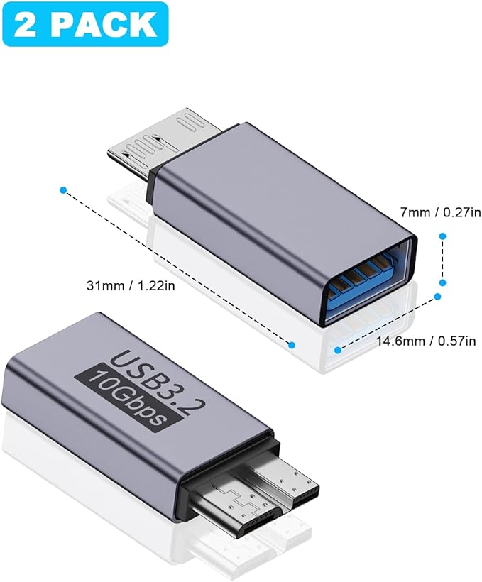 Duttek USB A to Micro B Adapter 10Gbps, USB-C to Micro USB 3.2 Gen 2 Fast Charging Adapter Compatible with iPhone 15 Plus/15 Pro Max, WD My Passport External Drive 2 Pack