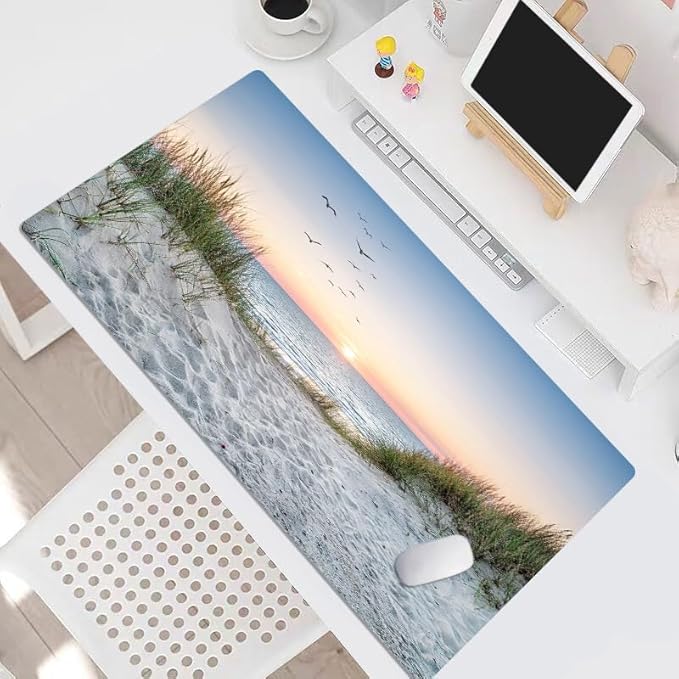 EOBTAIN Large Beach Mouse Pad Coastal Sunset Desk Mat for Keyboard and Mouses Nature Landscape Ocean Sea Desktop Accessories for Office Smooth Non Slip Rubber Gaming Mousepads,31.5x15.7 Inch