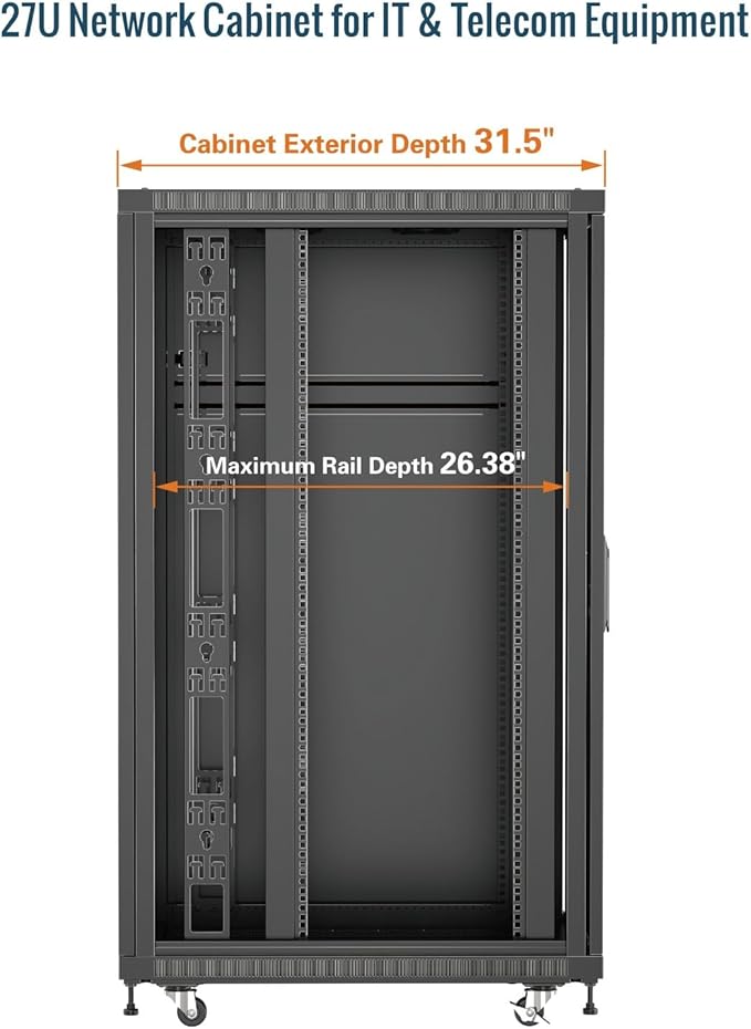 Tecmojo Network Rack Cabinet,27U Server Rack,31.5 Inch Depth,Hold Up to 1800Lbs,Lockable Cabinet with Casters and Complete Accessories,Mesh Door,for Home,Office,Small Business (27U 23.6" w*31.5" d)