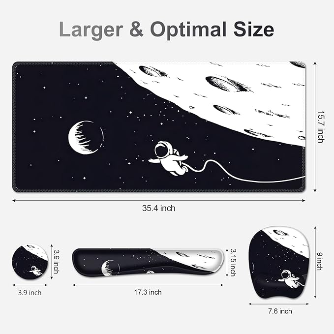 Large Mouse Pad, Keyboard Wrist Rest Set, Ergonomic, Non-slip, Washable, Wrist Support, Waterproof, 35.4 x 16 inches, Space Astronaut