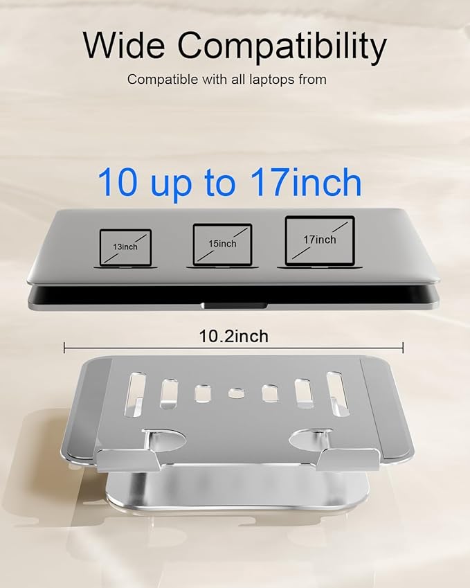 Laptop Stand for Desk Adjustable Height Portable Laptop Riser Aluminum Laptop Stand for Desk Foldable with Ergonomic 10-17" Silver