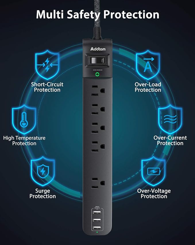 10Ft Long Surge Protector Power Strip - Extension Cord with Multiple Outlets, 5 Widely Outlets 3 USB Charging Ports, Flat Plug Overload Surge Protection, Wall Mount for Home, Office ETL Listed, 2 Pack
