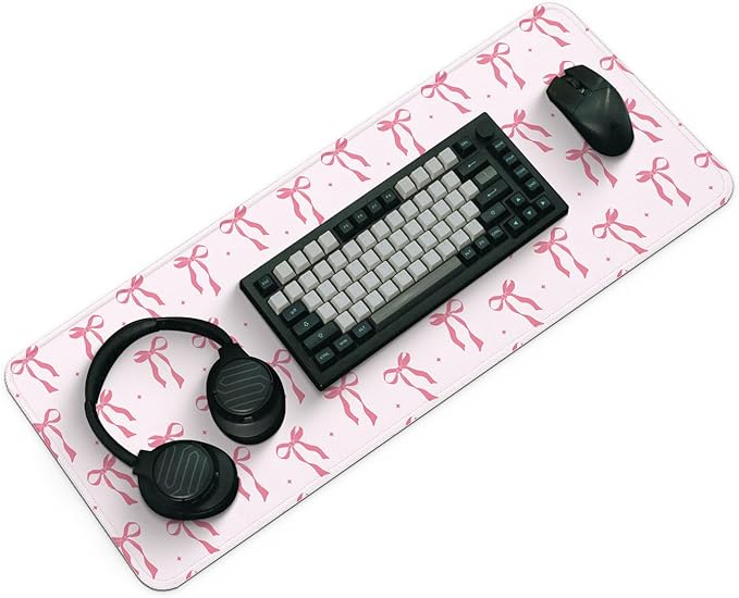 Large Computer Mouse Pad with Non-Slip Base for Desktop, Cute Gaming Mouse Mat with Stitched Edges, Long Extended Anime Mousepad for Laptop, 31.5 x 11.8 inches (Pink Ribbon Bow)