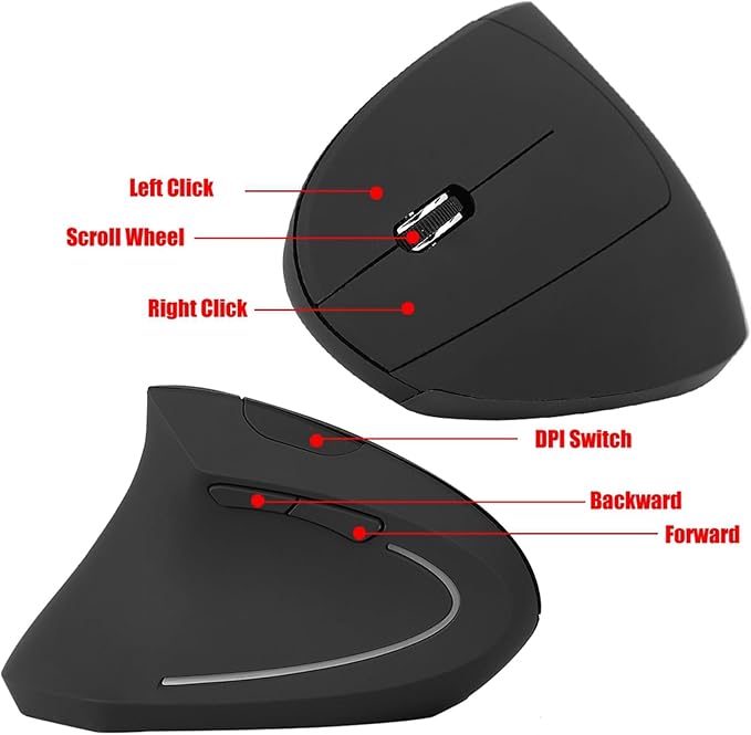 Goshyda 2.4GHz Ergonomic Vertical Gaming Mouse, High Control, and Feeling, Long Time Use with 800 1200 1600 DPI, 10m Distance (Black)