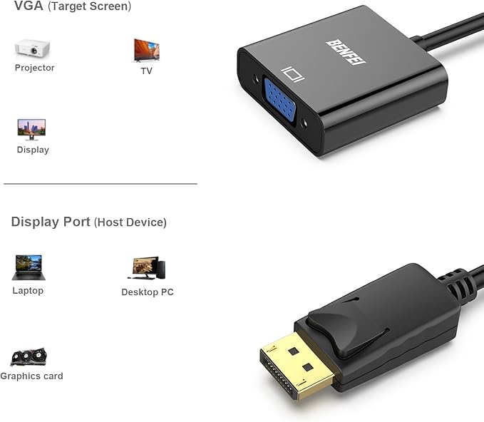 BENFEI DisplayPort to VGA,Gold-Plated Uni-directional DP Computer to VGA Screen Adapter 1080P (Male to Female) Compatible for Lenovo, Dell, HP, ASUS