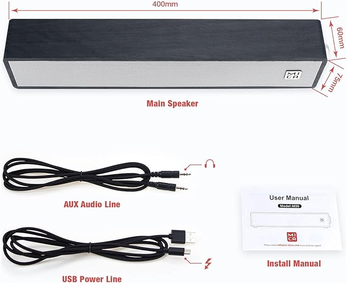 MICA Computer Speakers, Vintage Wired Computer Sound Bar, Retro Wooden Mini Soundbar, 3.5mm Aux Connection, USB Powered PC Speakers for Desktop Monitor, Laptop, Tablets (Black)