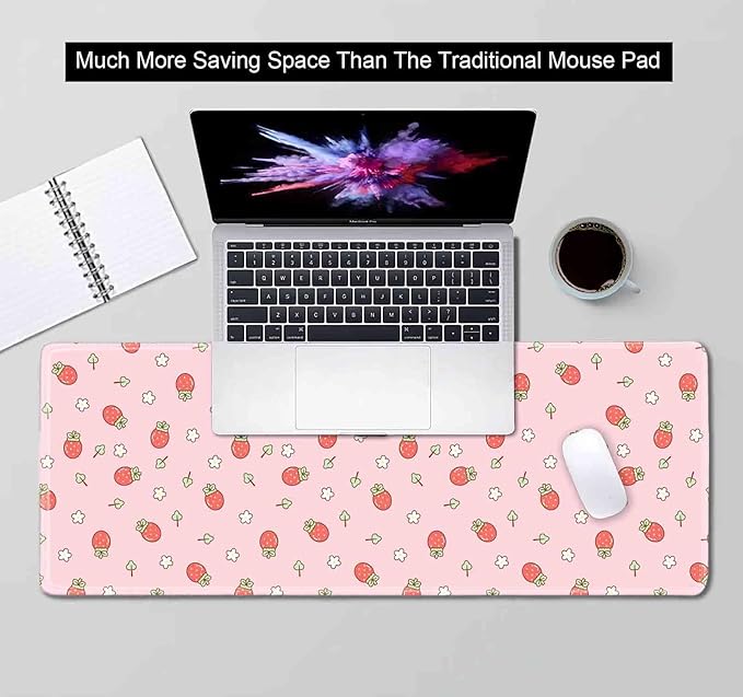 Pink Cute Desk Mat, Strawberries Mouse Pad XL, Aesthetic Hearts Desk Pad, Pastel Kawaii Deskmat, Laptop Office Gaming Computer Home Mice Mat Mousepad Stylish Office Gift, 31.5 X 11.8 Inch