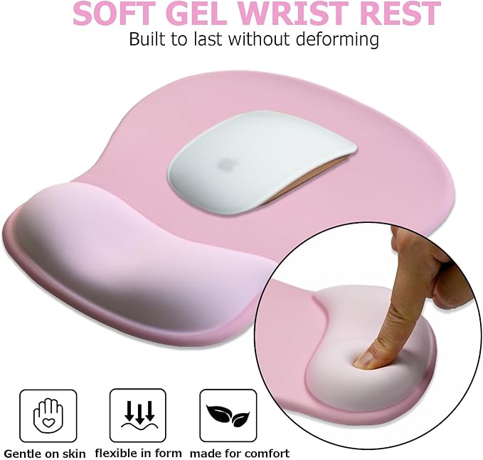 Gel Mouse Pad with Wrist Rest, Ergonomic Office Keyboard Wrist Rest and Mousepad with Wrist Support, Computer Mouse Pad with Non-Slip PU Base and Desk Accessories Mat for Laptop & Home & Gaming, Pink