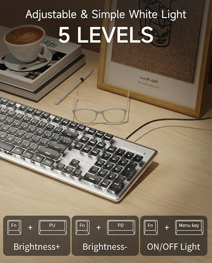 EWEADN GX710S Backlit Computer Keyboards, Wired USB Keyboard with White Backlit, Metal Panel, Plug and Play, Pudding Keycaps Full Size Quite Computer Keyboard for Win/PC/Laptop-Black