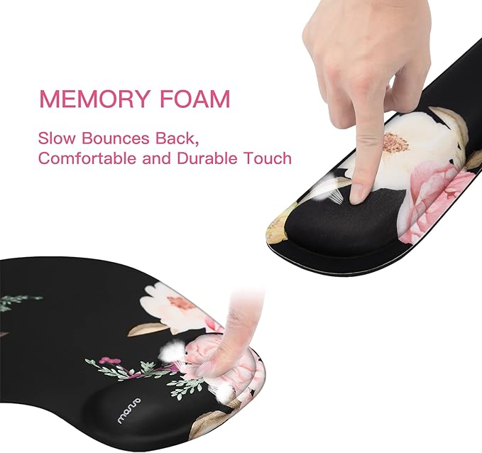 MOSISO Wrist Rest Support for Mouse Pad&Keyboard Set, Curved Peony Ergonomic Mousepad&Coaster Non-Slip Base Home/Office Pain Relief&Easy Typing Cushion with Neoprene Cloth&Raised Memory Foam, Black