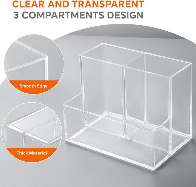 2 Packs Pen Holder for Desk, Clear Acrylic Pencil Holder for Desk, Marker Holder with 3 Compartments, Pencil Organizer for Home, Office, Classroom, Bathroom