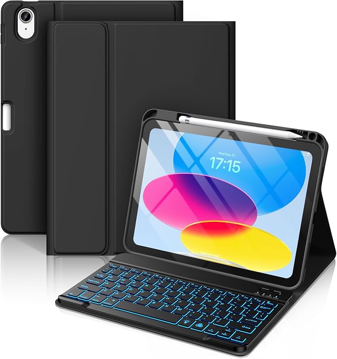 Hamile for iPad 11th 10th Generation Case with Keyboard - 7 Colors Backlit Wireless Detachable Folio Keyboard Cover with Pencil Holder for iPad 11-inch A16 2025 10th Gen 10.9 Inch 2022 (Black)