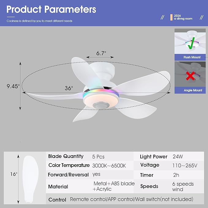 36 Inch Ceiling Fans with RGB Lights Remote/APP Control, Flush Mount, 3 CCT Dimmable White Lights+RGB Ring Lights+Music Player, 5 Reversible Plastic Blades 6 Speeds for Kidsroom, White