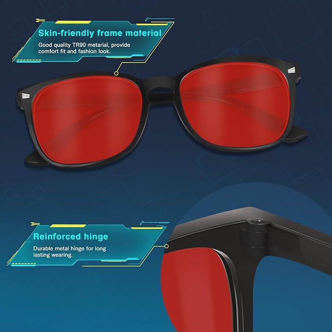 Red Lens Glasses Blue Light Glasses Men Women - 99.9% Blue Green Blocking for Computer, Gaming, TV, Phone Screens - 3 Pair