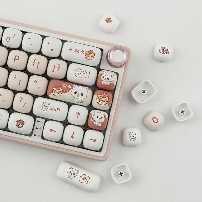 PBT Keycaps 147 Keys MOG Profile Keycap, Pink Dessert Cat Keycaps Dye-Sublimation Cute Custom Keycap for Cherry Gateron MX Swithes Mechanical Keyboards
