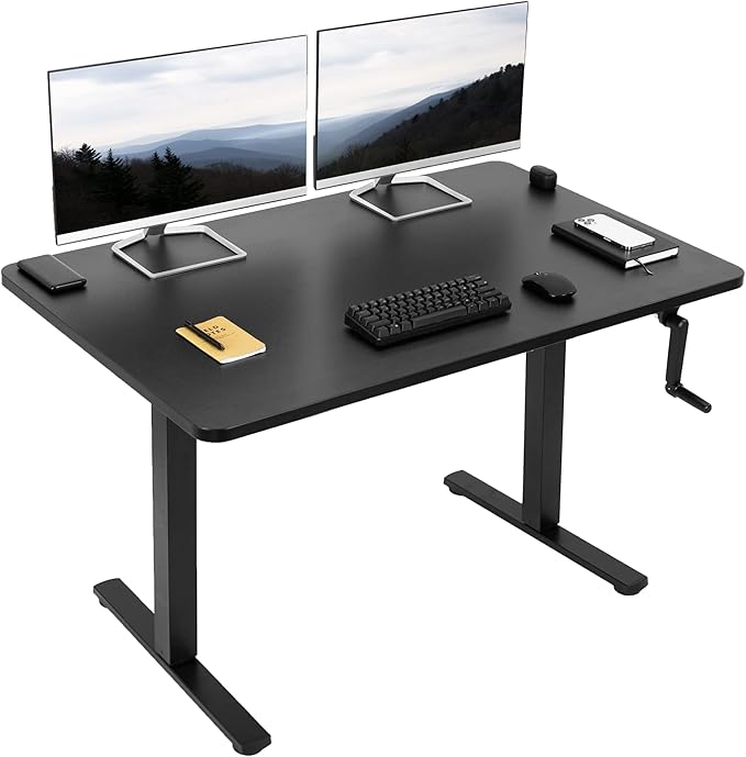 VIVO Manual Height Adjustable 48 x 30 inch Stand Up Desk, Black Solid One-Piece Table Top, Black Frame, Standing Workstation with Foldable Handle, DESK-KIT-MB5B