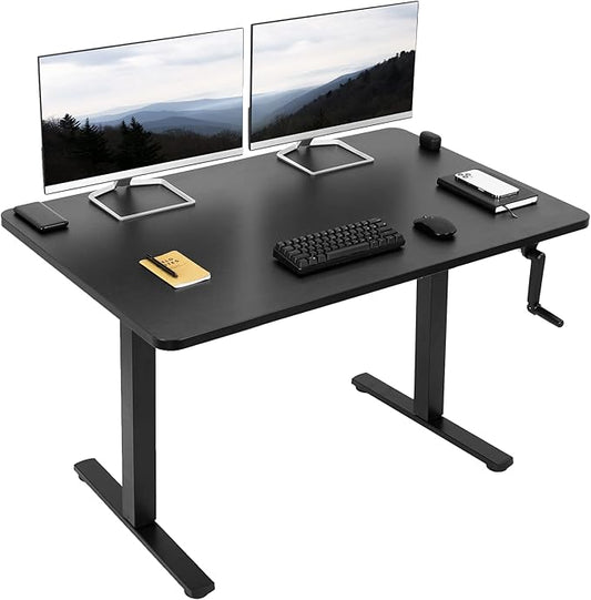 VIVO Manual Height Adjustable 48 x 30 inch Stand Up Desk, Black Solid One-Piece Table Top, Black Frame, Standing Workstation with Foldable Handle, DESK-KIT-MB5B