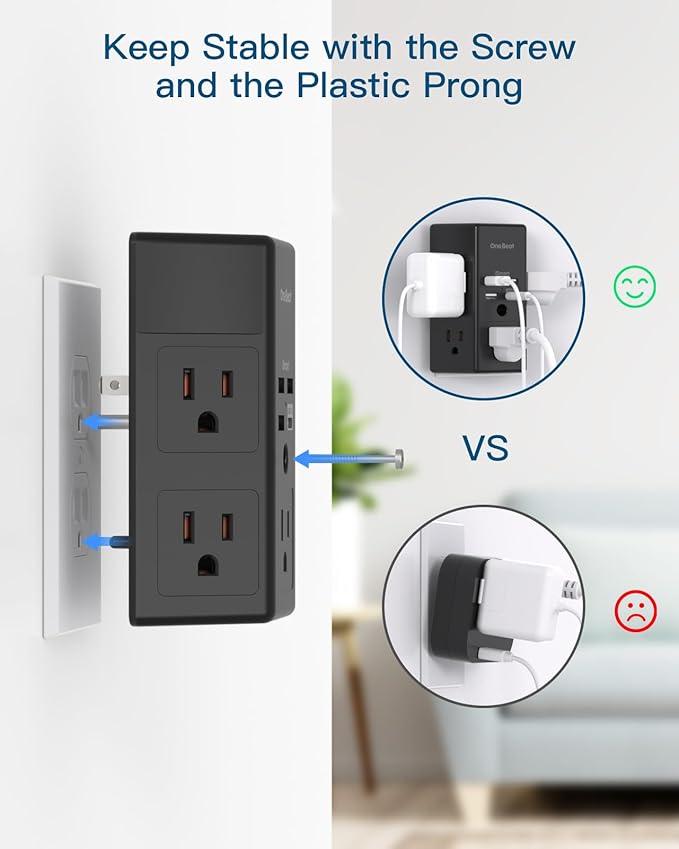 Surge Protector, 5 Outlets Extender with 4 USB Ports(USB C), 3-Side 1680J Power Strip Multi Plug Outlet Expander, USB Wall Charger, Outlet Splitter Adapter Wall Mount for Home Office ETL Listed（Black）