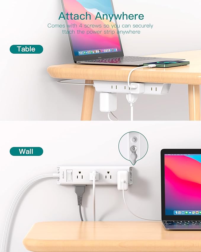 10FT Extension Cord - Power Strip Surge Protector, Flat Plug, Addtam 12 Widely Outlets 3 Sides Outlet Extender, 900J, Wall Mount, Desk Charging Station Compact for Home Office Dorm Room Essentials