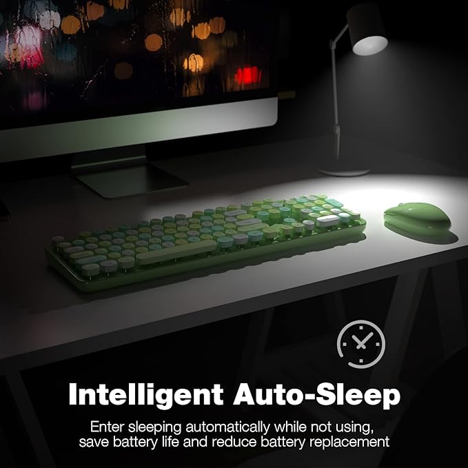 MOFII Wireless Keyboard and Mouse Combo, 2.4Ghz USB Full Size Typewriter Keyboard with Number Pad and Sport Car Mouse for PC Computer Desktop Windows (Green Colorful)