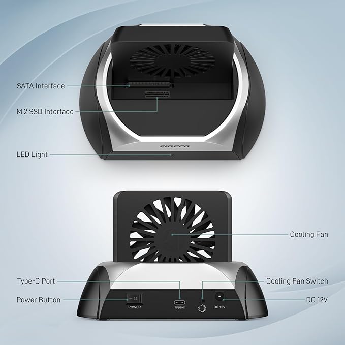 FIDECO Hard Drive Docking Station, M.2 NVMe SSD Docking Station with Cooling Fan, Support 2.5 and 3.5 inch SATA HDD and M.2 NVMe SATA SSD, Ultimate Heat Dissipation
