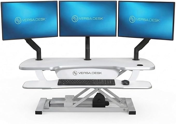 VERSADESK® Electric Standing Desk Converter, 40 Inch Large PowerPro™ Height Adjustable Sit to Stand Desk Riser with Keyboard Tray, Built-in USB Charging Outlet, Ergonomic Workstation, White