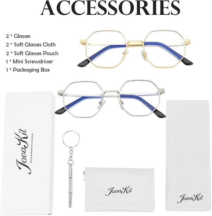 JOVAKIT Polygon Blue Light Blocking Glasses for Women Men Vintage Octagon Square Non-prescription Metal Eyeglasses