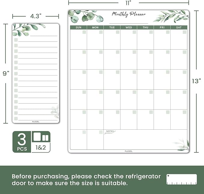 Dry Erase Calendar for Refrigerator, Greenery Magnetic Fridge Calendar Whiteboard - Set of Vertical Monthly Dry Erase Calendar for Fridge & 2 List Board, 4 Markers + Eraser