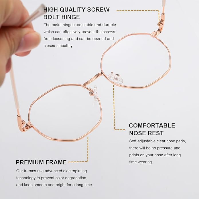Gleyemor Blue Light Glasses for Women Men Vintage Octagonal Metal Gold Frame Computer Glasses