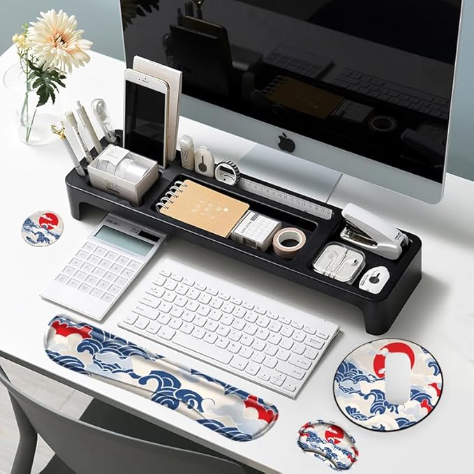 Sea Wave Keyboard Wrist Rest and Mouse Pad with Wrist Support Memory Foam Keyboard Rest Wrist Pad Set for Computer Ergonomic Mousepad Carpal Tunnel Typing Pain Relief Non-Slip Base