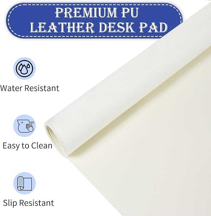 Large Desk Mat 35.4" x 17", PU Leather Desk Pad Protector, Non-Slip Large Mouse Pad for Desk, Waterproof Computer Desk Mat, Office Desk Pad for Keyboard Mouse, Desk Writing Mat (Ivory White)