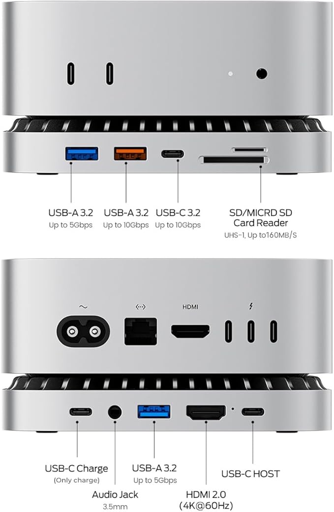 Mac mini M4 Dock, Aluminum Stand and HDMI Hub for Mac mini M4 and M4 Pro 2024 with M.2 NVMe/SATA SSD Enclosure, 4K60Hz HDMI,10G USB A/C, 5G USB A*2, USB-C Charge, SD/TF, Audio
