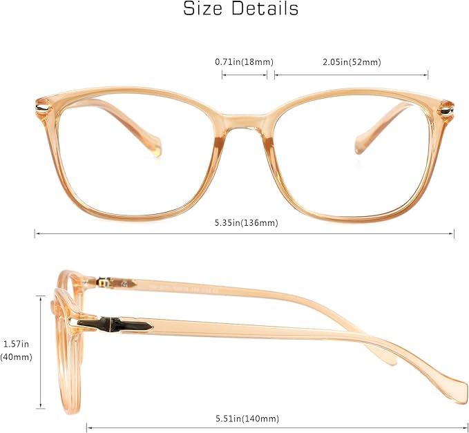 VisionGlobal Blue Light Blocking Glasses for Women Men, Stylish Square Frame(Champagne,No Magnification)