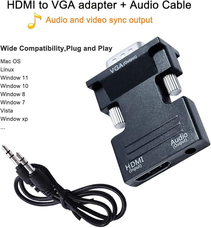 DTECH Directional HDMI to VGA Adapter with 3.5mm Audio Port (Laptop HDMI Source Output to VGA TV) for Old Computer Monitor PC Projector 1080P Video (Female HDMI in, Male VGA Out)