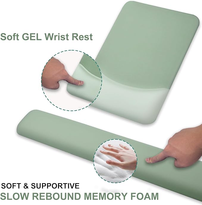 Ergonomic Mouse Pad with Wrist Rest, Gel Keyboard Wrist Rest and Memory Foam Wrist Rest for Computer Keyboard, Typing Pain Relief, Non-Slip Base Rectangular Mousepad for Gaming, Office, Home, Green