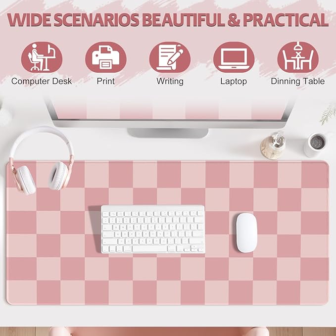 Checkered Pattern Desk Pad Mouse Pad, Large Gaming Mouse Mat with Stitched Edges, Waterproof Rubber Base Mous Mat for Office Computer Keyboard Laptop Home Decor Women (35.4X17.5 inch), Pastel Pink