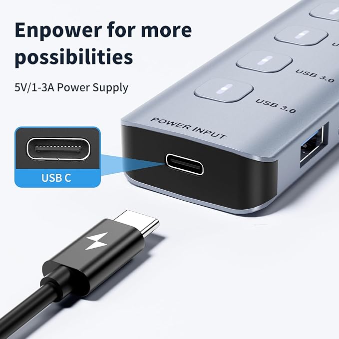 3.3Ft USB Hub 3.0, JESWO 7-Port Aluminum USB 3.0 Hub, USB Splitter with 5V 3A Type-C Port, Suitable for PC, Laptop, MacBook Pro, etc.