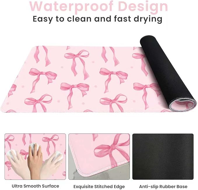 Pink Desk Mat with Bows, Cute Bow Mouse Pad for Computer Laptop Non-Slip Rubber Base Gaming Keyboard Pad, Large Office Mat Girly Office Supplies Desktop Accessories for Teen Girls Women 23.6 x 11.8in