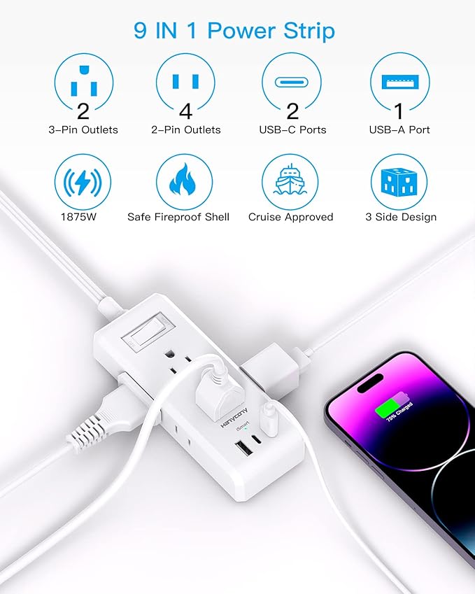 Flat Plug Power Strip, HANYCONY Ultra Thin Extension Cord, 6 Outlets 3 USB Ports(2 USB C), 5ft Multiple Outlet Extender with Wall Mount No Surge Protector for Dorm Room, Cruise, Travel Essentials