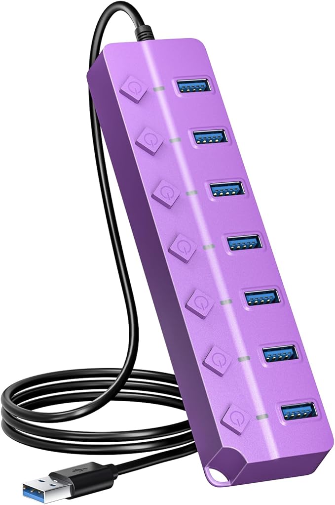 USB Hub 3.0, 7-Port USB Hub Splitter with Individual On/Off Switches and Lights, 3.2ft/1m Long Cable Compatible with MacBook, Laptop, Surface Pro, PS4, PC, Flash Drive, Mobile HDD-Purple