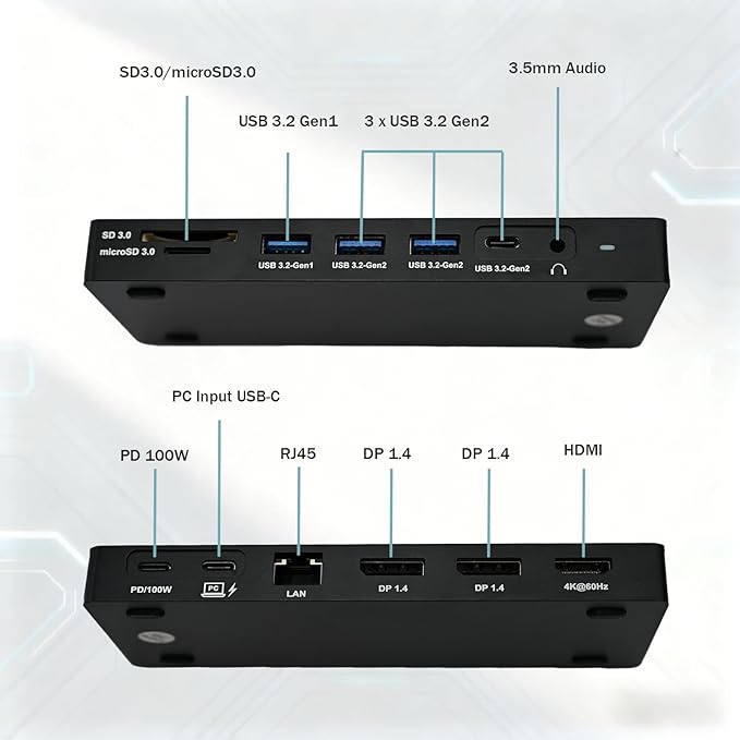 13in1 USB-C 3 Monitor Docking Station,Compatible with Lenovo ThinkPad Universal Docking Station(40AY0090US),PD 100W,Dual DP 1.4(4K@60Hz),HDMI,RJ45,SD3.0/microSD3.0,1xUSB 3.2 Gen1,2xUSB 3.2 Gen2,Audio