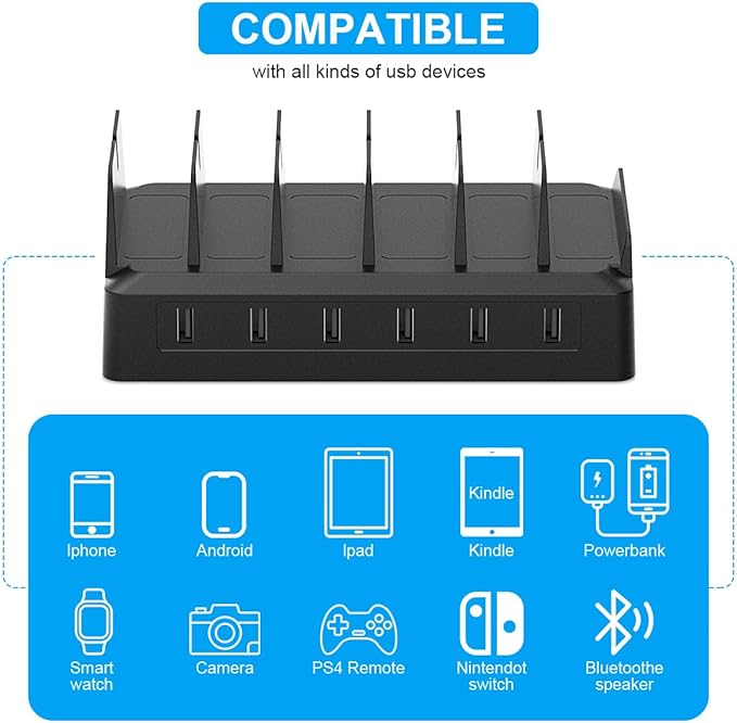 Charging Station for Multiple Devices, 6 Port USB Desktop Charger Dock Compatible with iPad, Samsung, Android, Tablet, Family Multi Phone Charging Organizer with Divider Holders, Fireproof ABS (White)