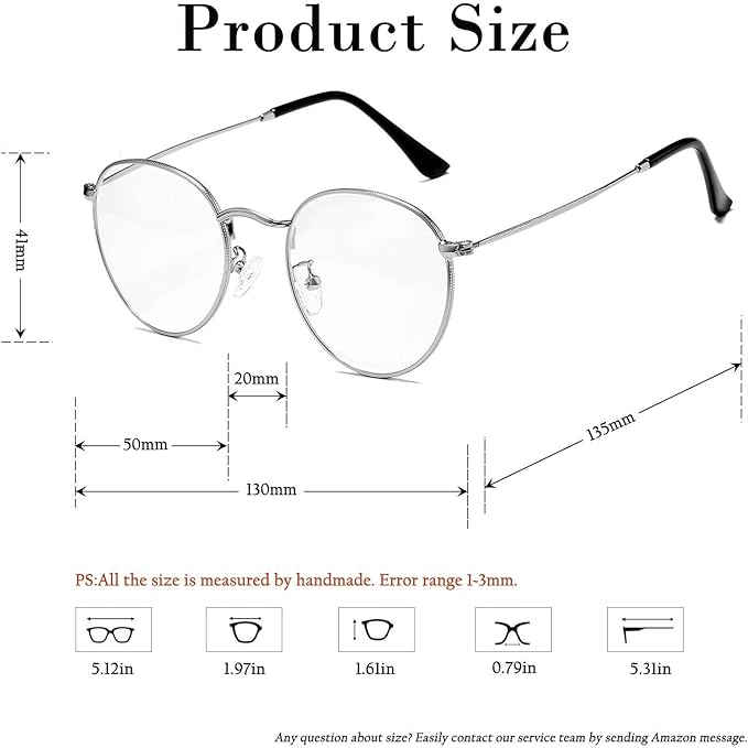HJSTES Round Blue Light Glasses for Women Men Retro Circle Clear Lens Metal Frame Eyeglasses