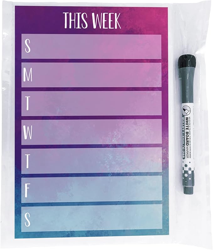 Dry Erase Weekly Calendar Planner Sticker Decal | Removable & Reusable | Magnetic Fine-Tip Marker Included (6 x 9 inches, Watercolor)